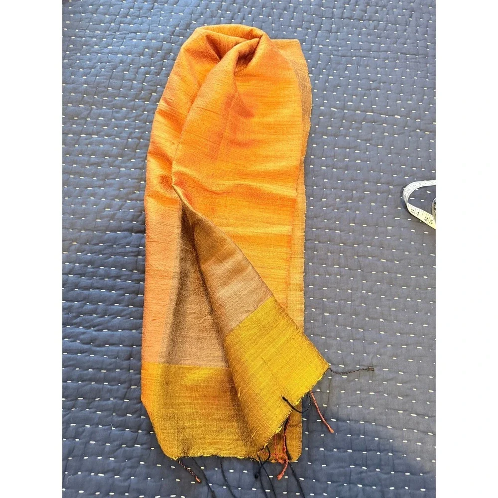Handwoven Raw Thai Silk Colorblock‎ Scarf Orange Gold Taupe Fringed 55x13